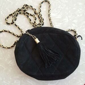 Vintage Womens Pocketbook Black Evening Shoulder Bag Suede Quilted Tassel Gold
